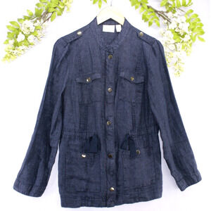 Chico's Indigo Blue Gold Buttons 100% Linen Long Utility Jacket Top XSmall
